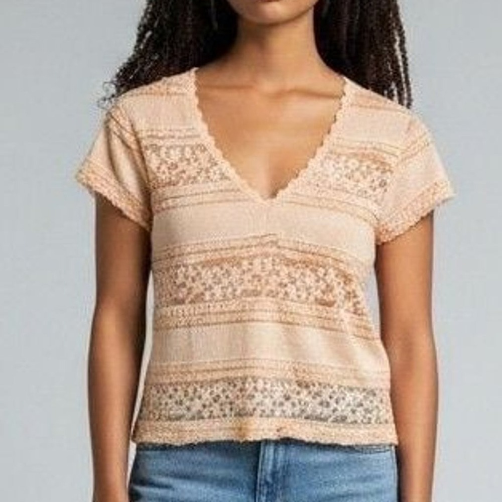 POL UKT689 Peach Coral V-Neck Short Sleeve Lace Blouse Top